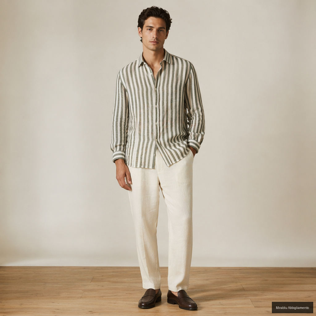 ALEA CAMICIA MANICA LUNGA  STDIR00LW_1644 COL. 33 RIGATA BIANCA E VERDE MILITARE- P/E 26 - AI 1